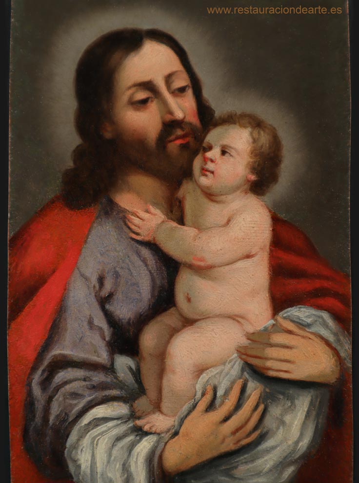 Fotografía final después de la restauración de la miniatura de San José con el niño Jesús.
